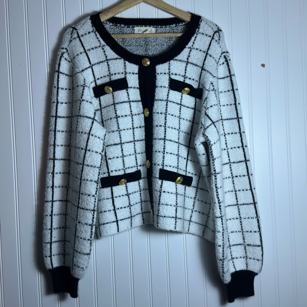 Marled Black and White Grid Pattern Blazer - Picture 3 of 15